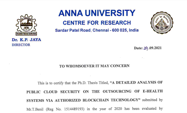 داوری پایاننامه دکتری گروه مهندسی کامپیوتر دانشگاه Anna University کشور هند